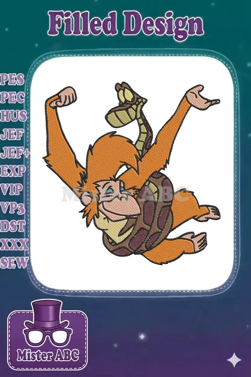 A vibrant embroidery design featuring King Louie and Kaa from The Jungle Book, captured in a dynamic, playful pose.