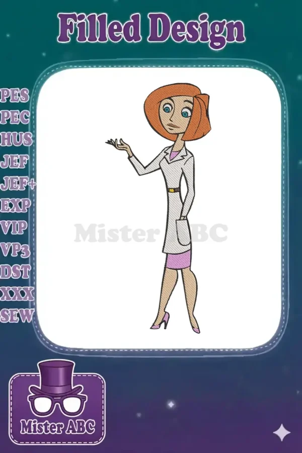 Detailed embroidery of Dr. Ann Possible, Kim Possible's mom, in a lab coat and pink dress, gesturing with her hand.