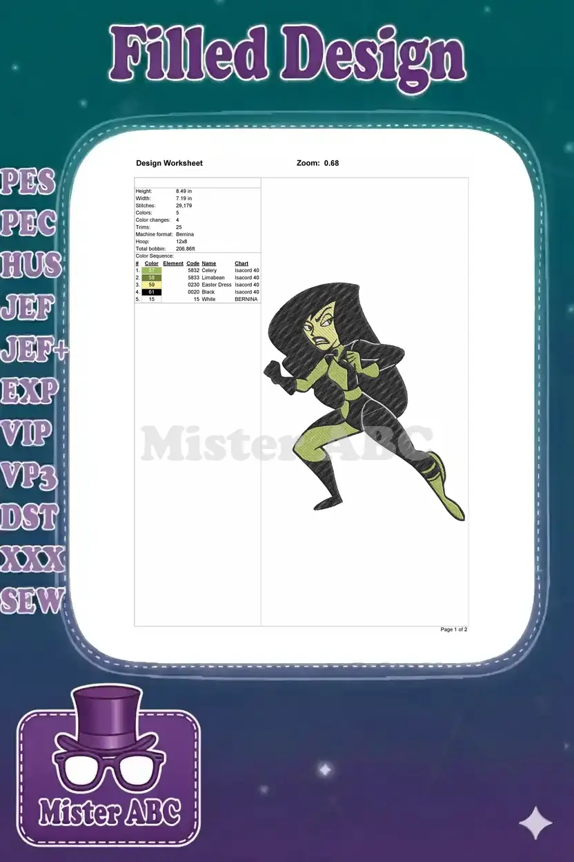 Embroidery design worksheet for Shego, detailing dimensions, stitch count, color sequence, and machine compatibility.
