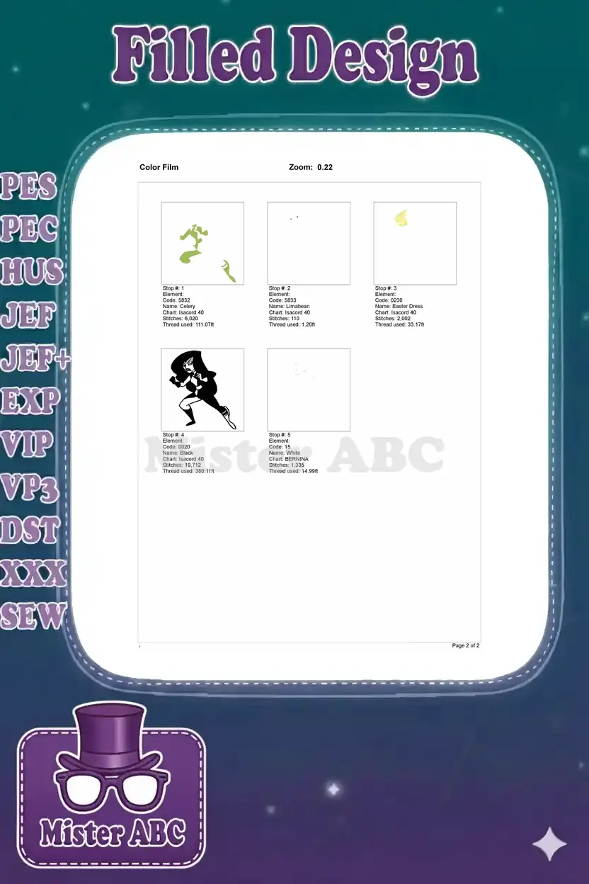 Color film breakdown of the Shego embroidery design, showing each color layer and stitch progression individually.