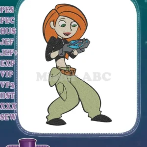 Full-body embroidery of Kim Possible, red hair, black top, green cargo pants, holding a blue Kimmunicator.