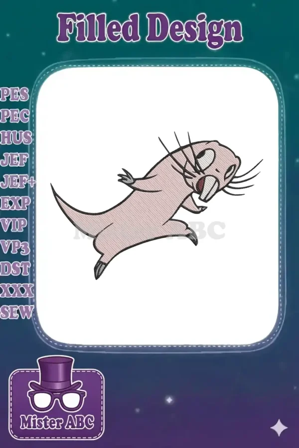 A detailed embroidery design featuring a light pink cartoon mole-rat with large teeth, whiskers, and claws, in an energetic pose.