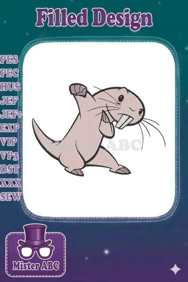 Detailed embroidery design of Rufus, the iconic naked mole-rat from Kim Possible, striking a dynamic action pose with high-quality satin stitching.