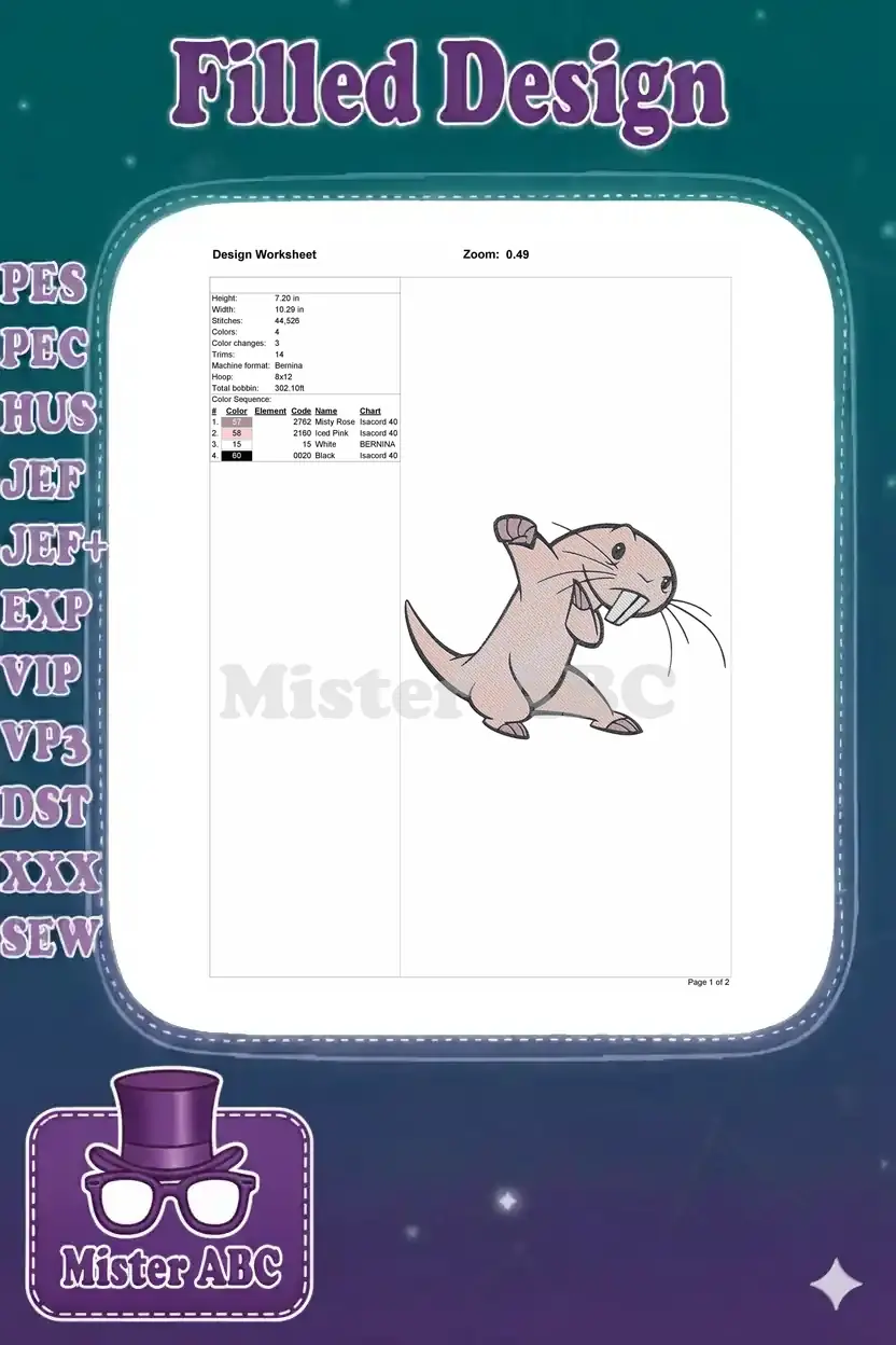 Embroidery design worksheet for Rufus, showing dimensions, stitch count, color sequence, and machine details for an 8x12 hoop.