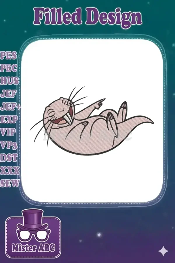 A cheerful embroidery design of Rufus, the naked mole-rat from Kim Possible, lying on his back laughing.