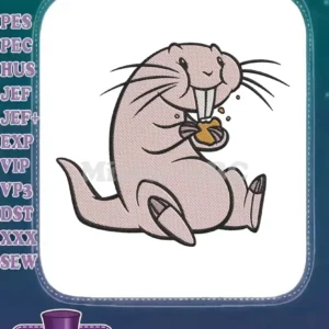 A charming naked mole-rat embroidery design, sitting and happily eating a biscuit with crumbs, on a white background.