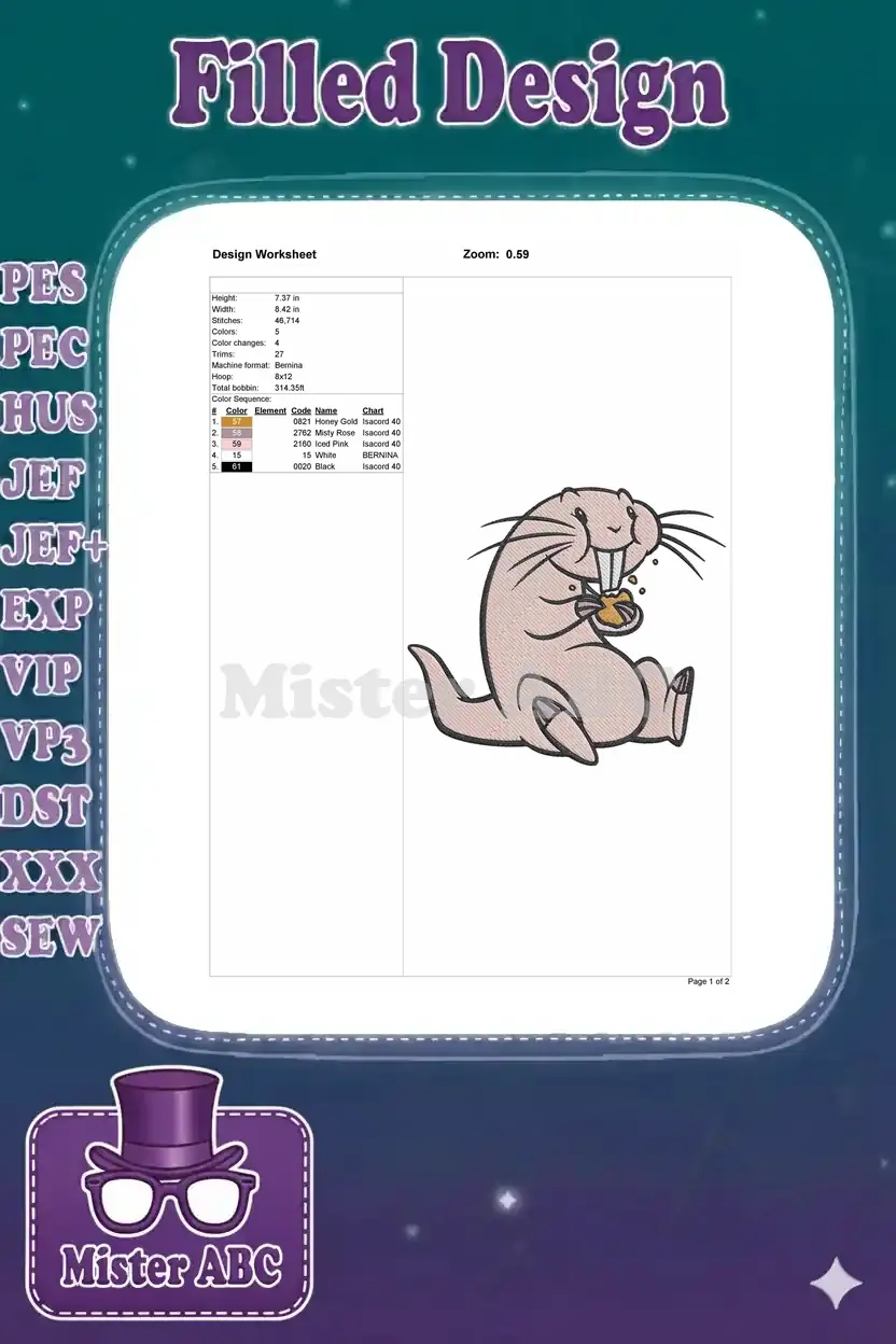 Embroidery design worksheet displaying specifications like dimensions, stitch count, color sequence, and machine format.