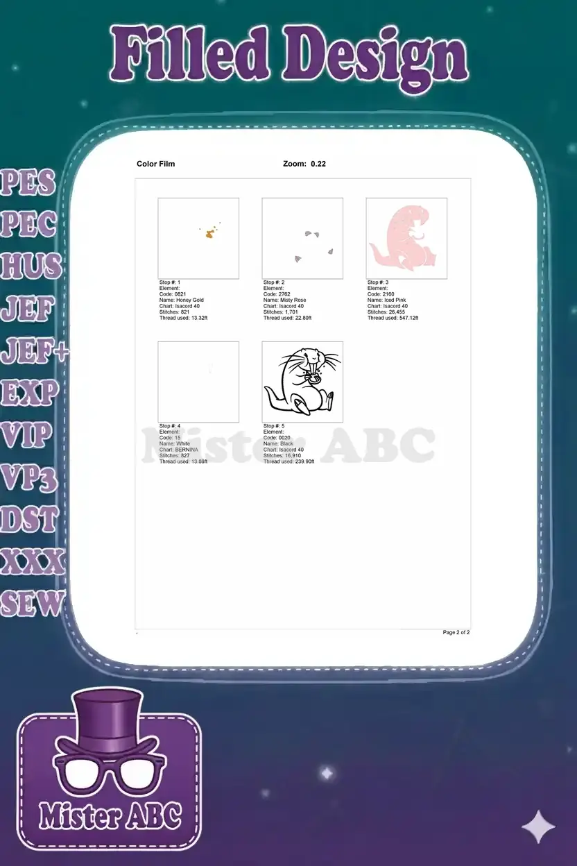Color film breakdown showing the sequence of embroidery stitches for each color layer of the naked mole-rat design.
