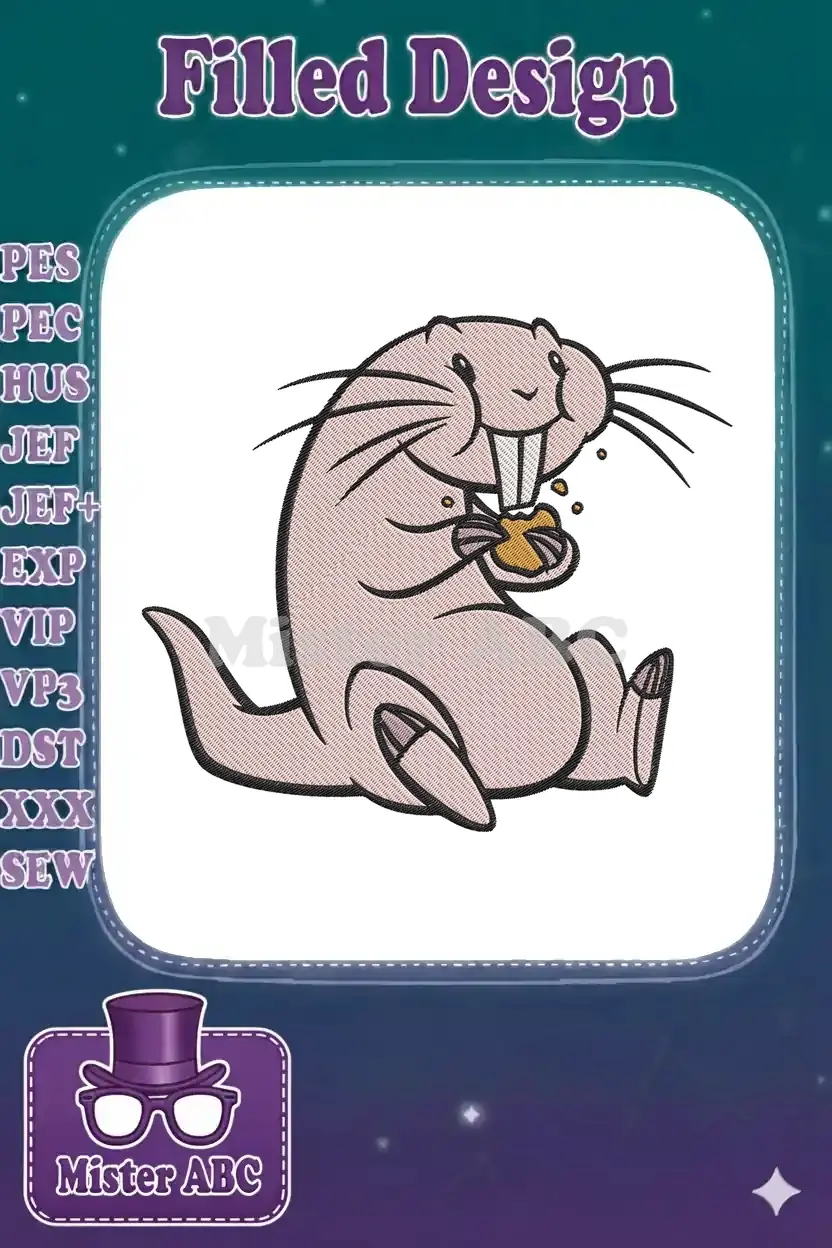 A charming naked mole-rat embroidery design, sitting and happily eating a biscuit with crumbs, on a white background.