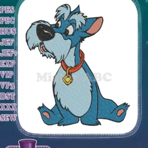 Scrappy-Doo machine embroidery design, a blue dog with red collar, sitting, looking left with a smirk.