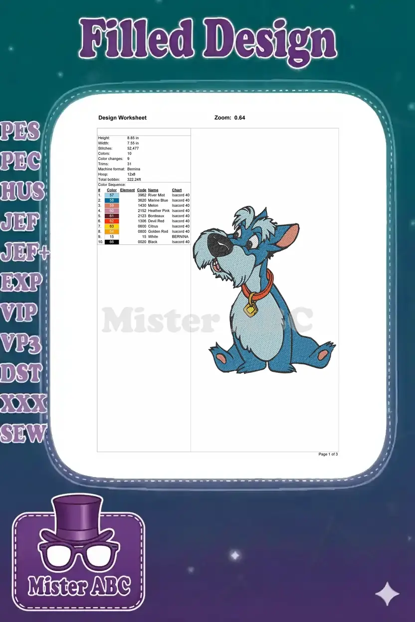 Embroidery design worksheet for Scrappy-Doo, showing dimensions, stitch count, color sequence, and thread codes.
