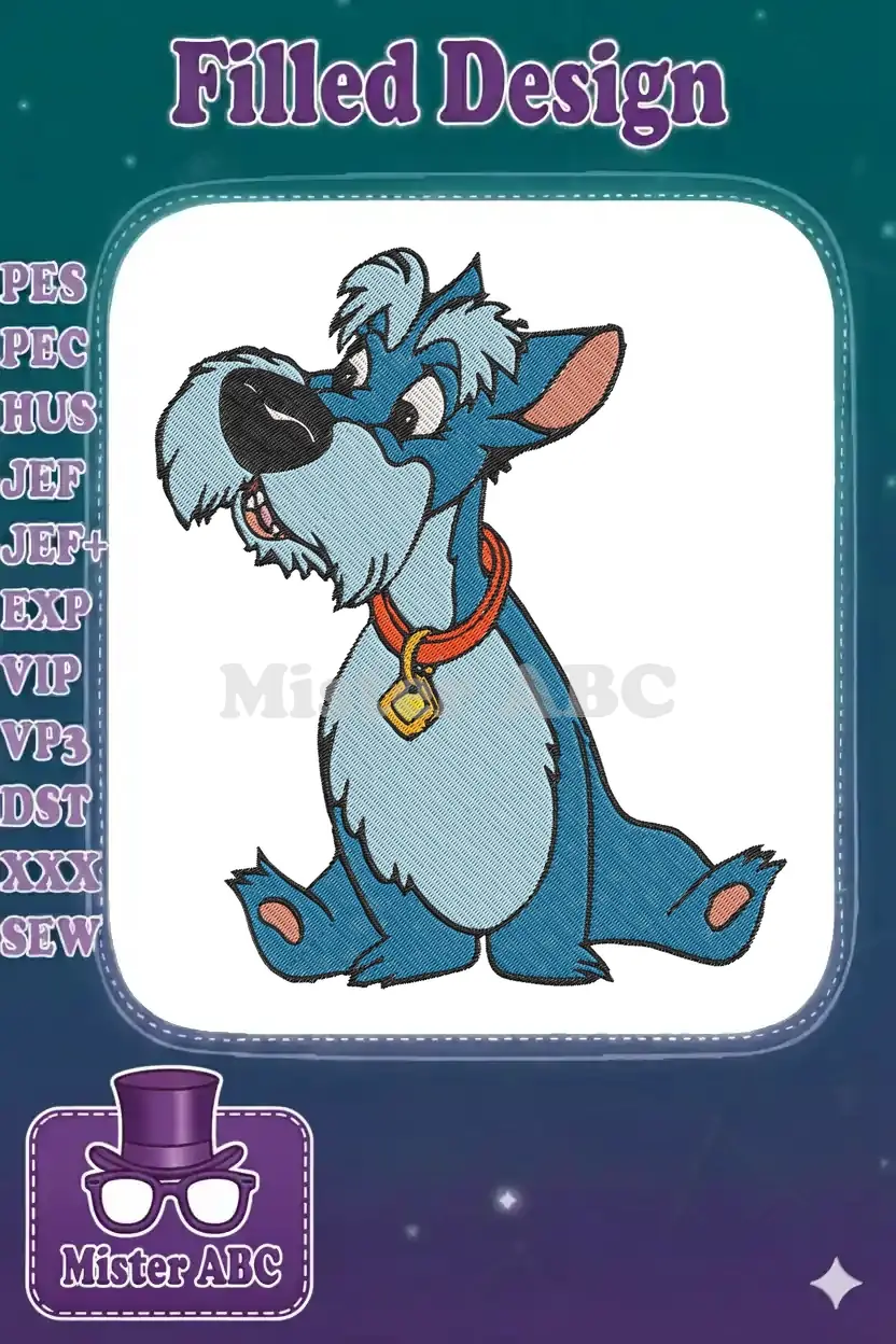 Scrappy-Doo machine embroidery design, a blue dog with red collar, sitting, looking left with a smirk.