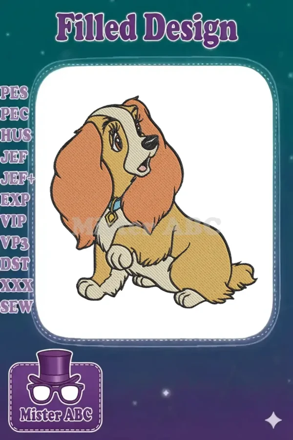 Embroidery design of Lady, the elegant cocker spaniel from Disney's Lady and the Tramp, sitting gracefully.