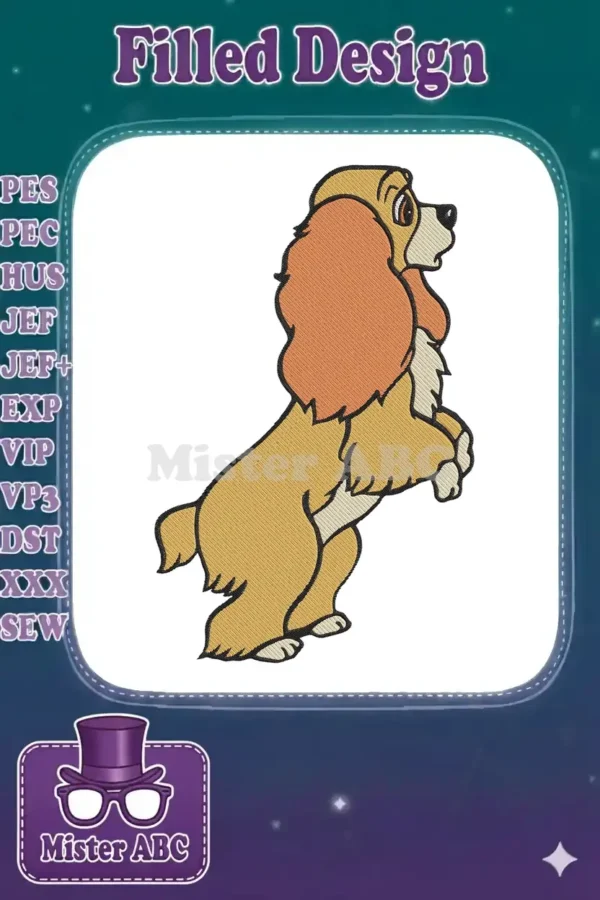 A vibrant embroidery design featuring Lady from Disney's Lady and the Tramp, standing playfully on her hind legs.