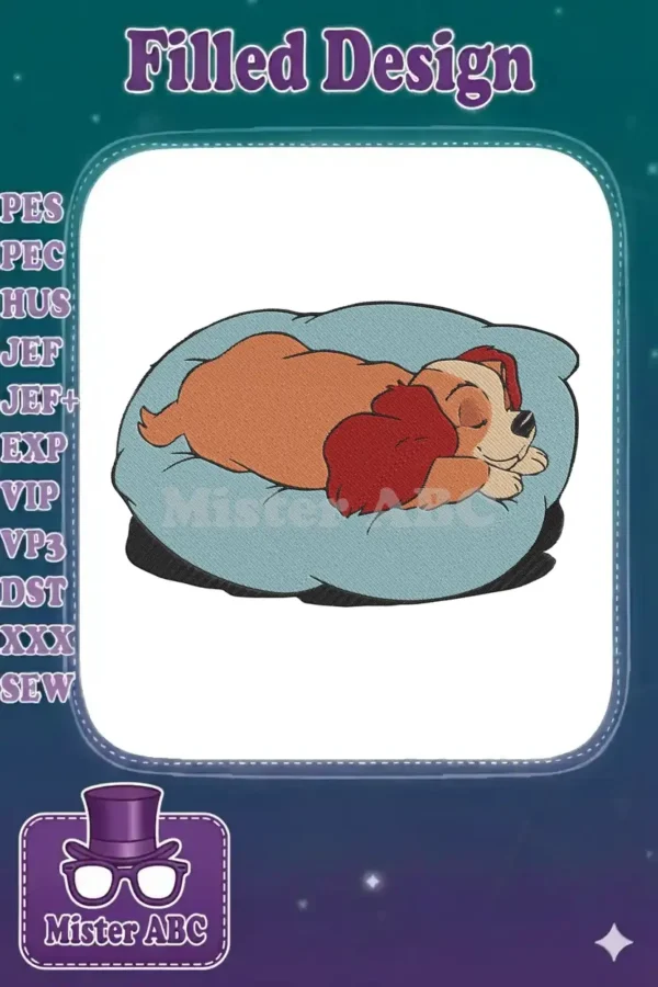 Adorable Lady from Lady and the Tramp embroidery, sleeping soundly on a comfy blue pillow. A charming stitch.