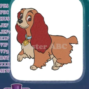 Full-body embroidery design of Lady from Disney's Lady and the Tramp, walking with a blue collar and tag.