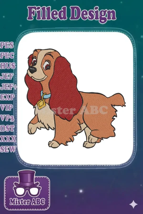 Full-body embroidery design of Lady from Disney's Lady and the Tramp, walking with a blue collar and tag.