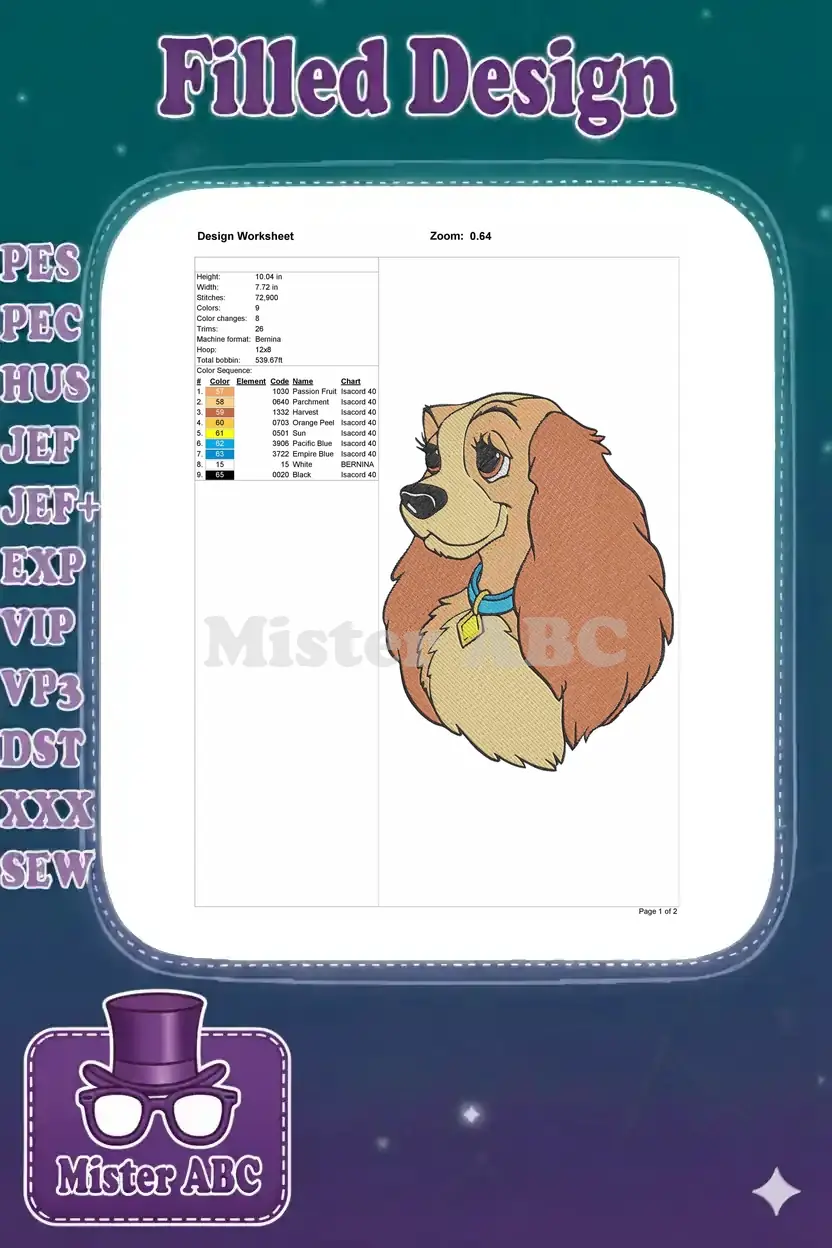 Embroidery design worksheet for Lady, detailing dimensions, stitch count, color sequence, and thread codes.