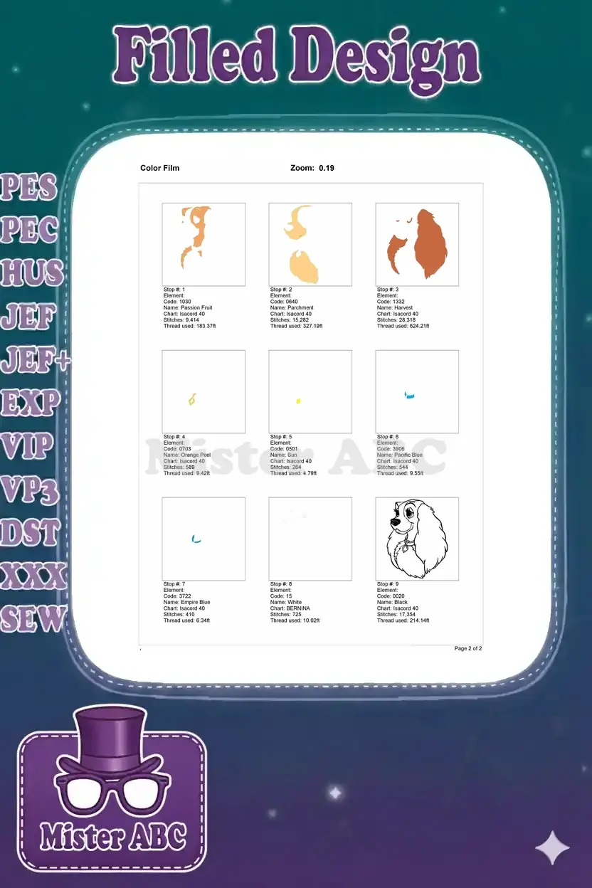 Color film showing the stitch-by-stitch breakdown and color application sequence for the Lady embroidery design.
