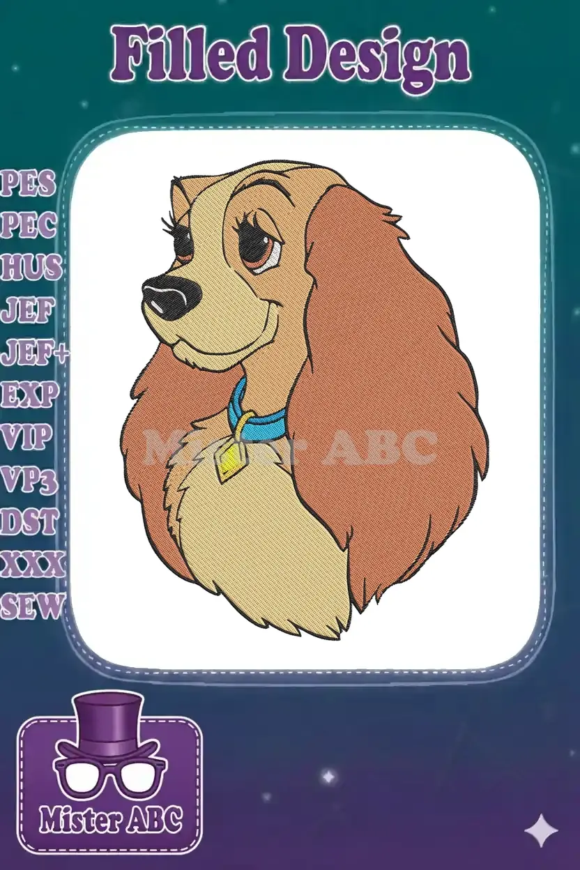 Close-up of the elegant Lady embroidery design, a beloved Cocker Spaniel from Disney, featuring intricate stitching.