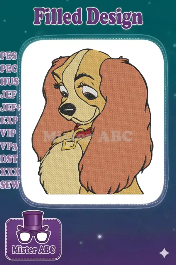 Close-up of a charming Lady from Disney's 'Lady and the Tramp' embroidery design, showcasing her elegant expression.