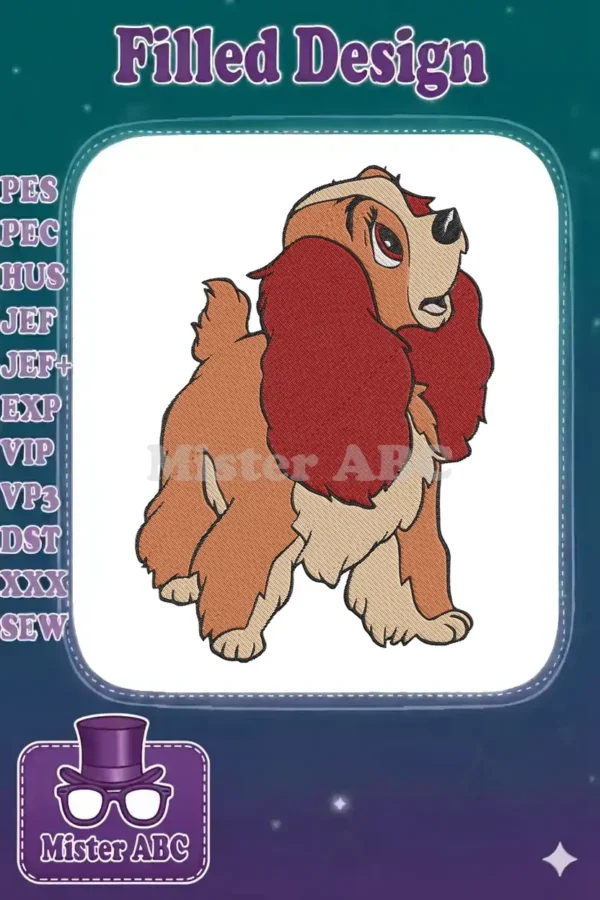 A beautifully detailed embroidery design of Lady from Disney's Lady and the Tramp, featuring rich colors and texture.
