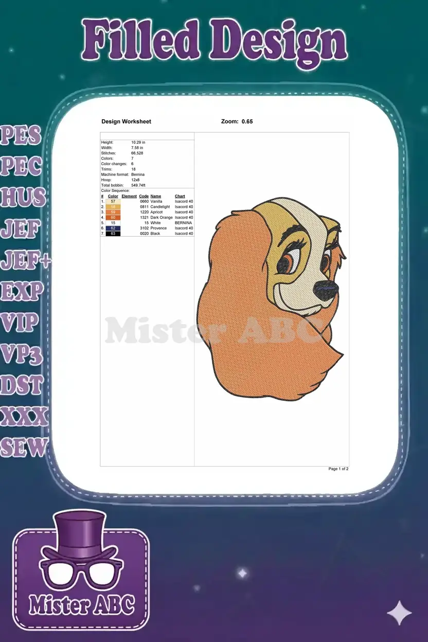 Embroidery design worksheet for Lady, detailing dimensions, stitch count, color sequence, and thread types.