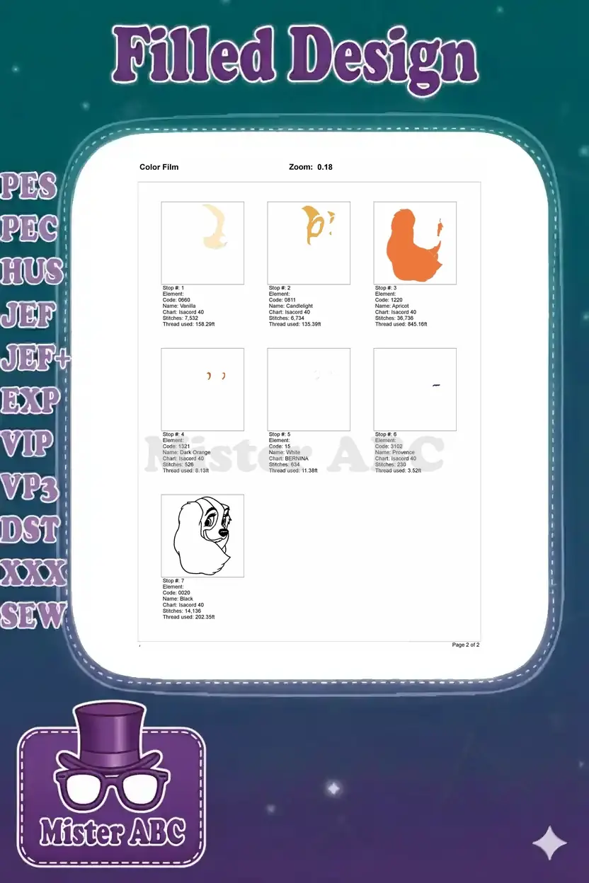 Color film breakdown for the Lady embroidery design, showing each color stop and its stitched elements.