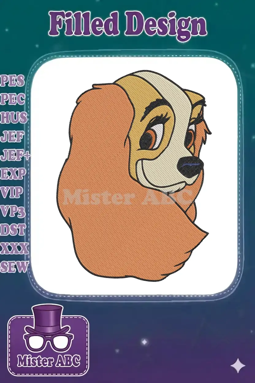 Close-up embroidery design of Lady from Disney's Lady and the Tramp, featuring her gentle expression.