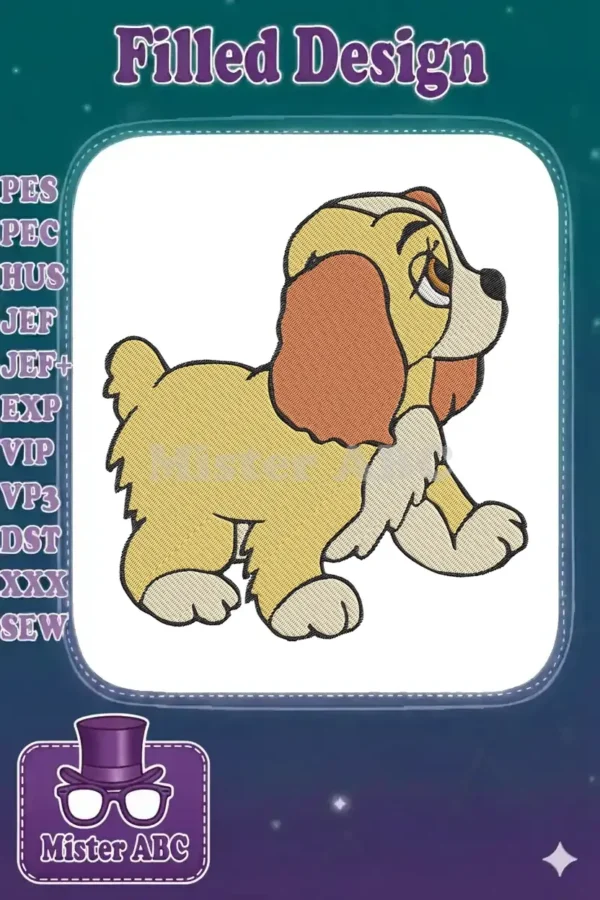 A charming embroidered design of a golden-brown puppy, resembling Lady from Disney's classic animated film.