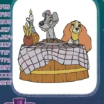 Lady and Tramp romantic spaghetti dinner embroidery designs - Instant Download