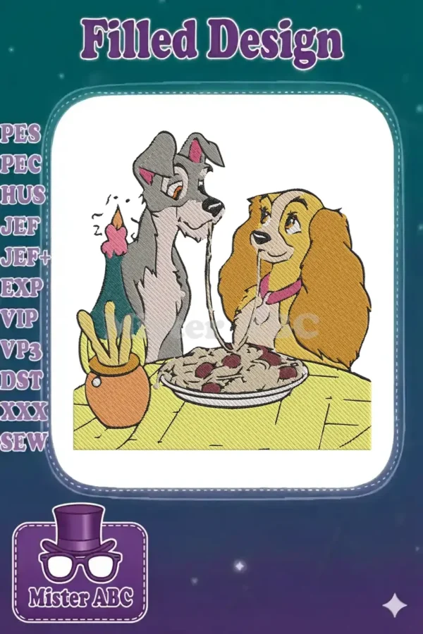 Embroidery design featuring Lady and the Tramp sharing a spaghetti dinner with a romantic, detailed finish.