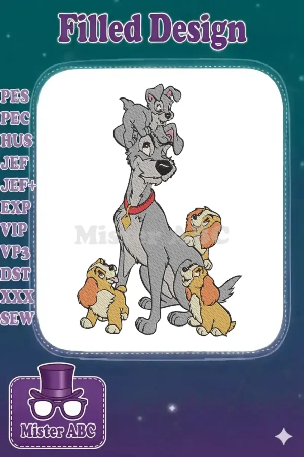 A heartwarming embroidery featuring Tramp, Lady, and their pups, capturing a playful family moment in detailed stitches.