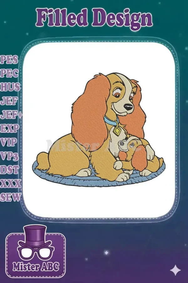 A charming embroidery design of Disney's Lady dog resting gently with her adorable puppy on a blue mat, full of detail.