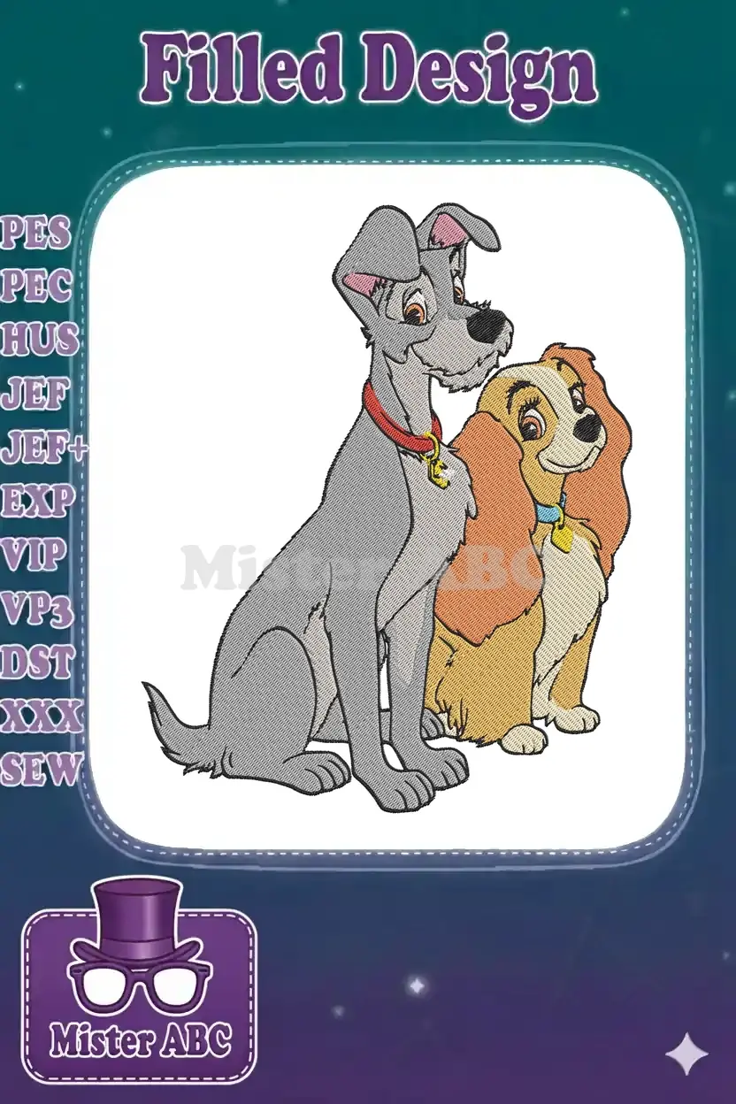Embroidery design of Disney's Lady and the Tramp sitting together, showcasing detailed stitching and vibrant colors.