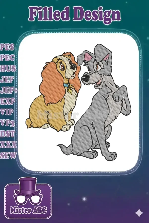 A vibrant embroidery design featuring Disney's Lady and Tramp, two animated dogs looking affectionately at each other, with detailed stitching.