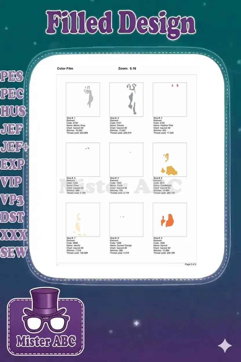Color film breakdown for Lady and Tramp embroidery, displaying the first nine color stops and stitch progression.
