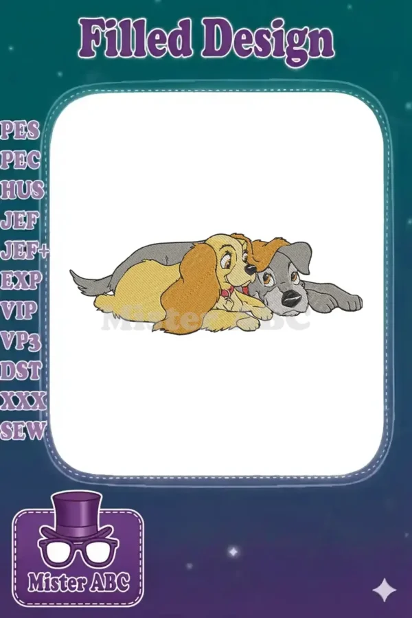 Embroidered design of Lady and Tramp, the beloved Disney dogs, lying together with warm, friendly expressions.