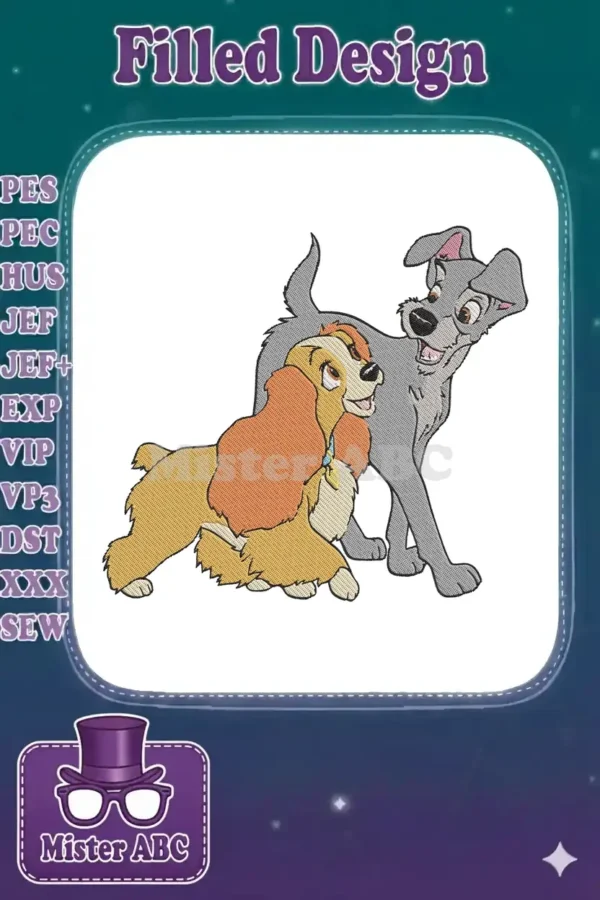 Close-up of Lady and the Tramp embroidery design, showcasing their affectionate pose and detailed thread work on a white background.