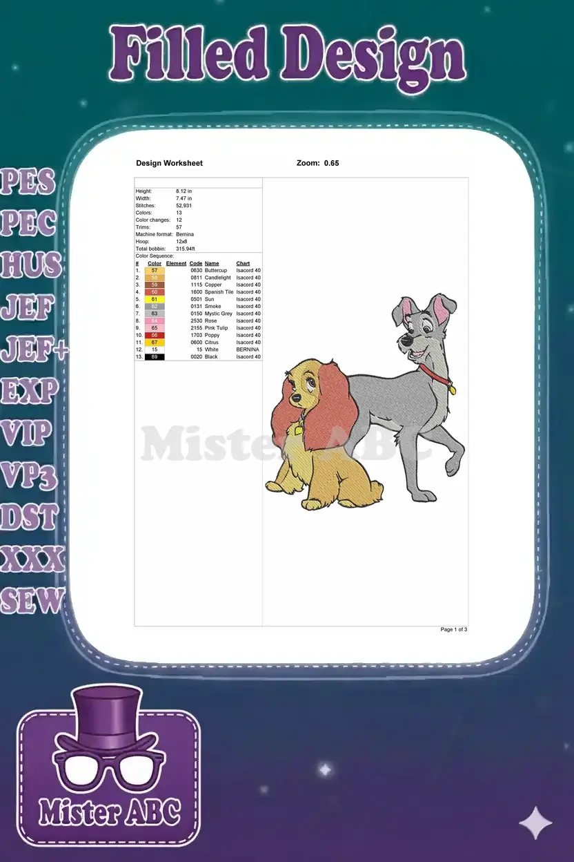 Embroidery design worksheet showing dimensions, stitch count, color sequence, and thread chart for Lady & Tramp.