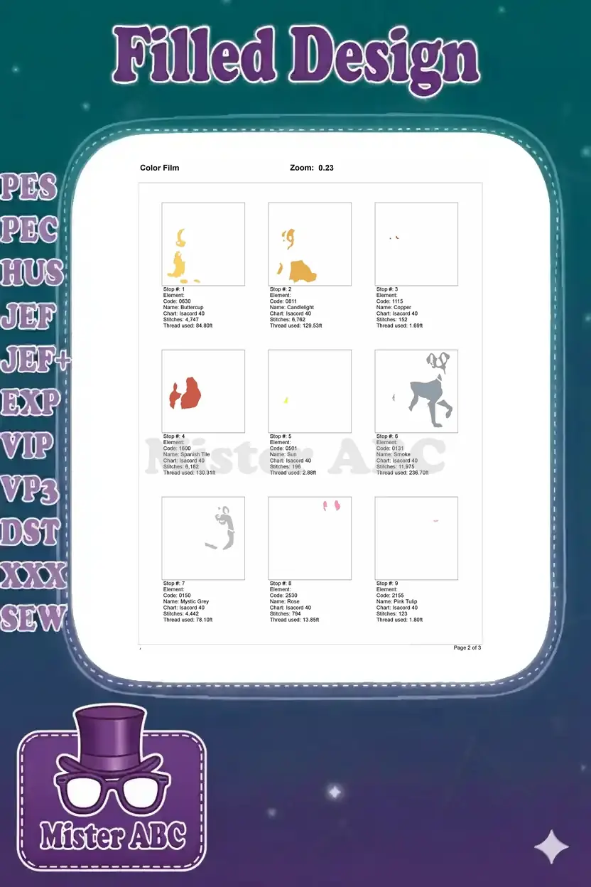 Color film chart, page 1, detailing the first nine embroidery thread stops for the Lady and Tramp design.