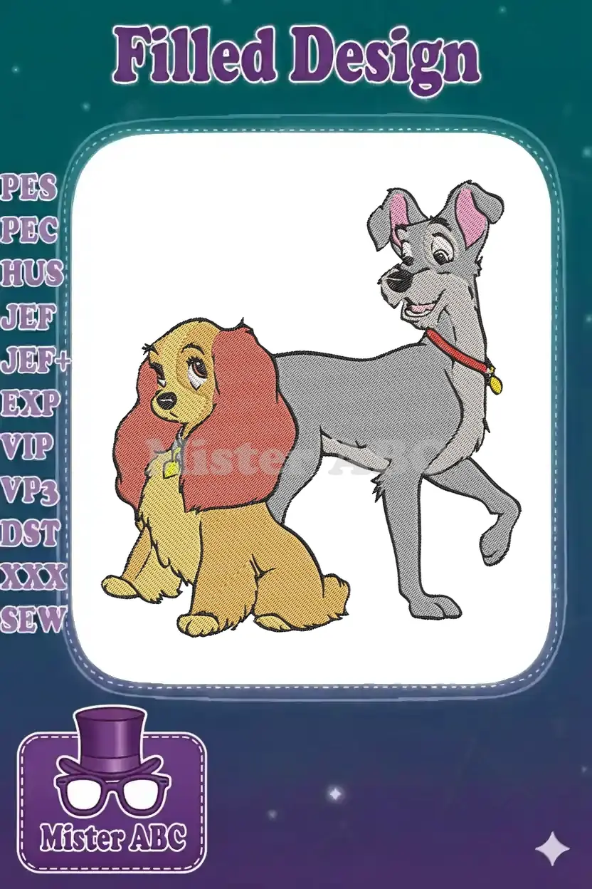 Close-up of a detailed embroidery design featuring Disney's Lady and Tramp, showcasing their iconic pose and colors.