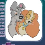 Lady and Tramp Disney cartoon dogs embracing embroidery designs - Instant Download