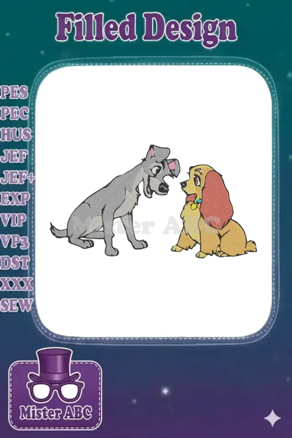 Digital embroidery design featuring Disney's Lady and Tramp, with Tramp on the left and Lady on the right, in a classic heartwarming pose.