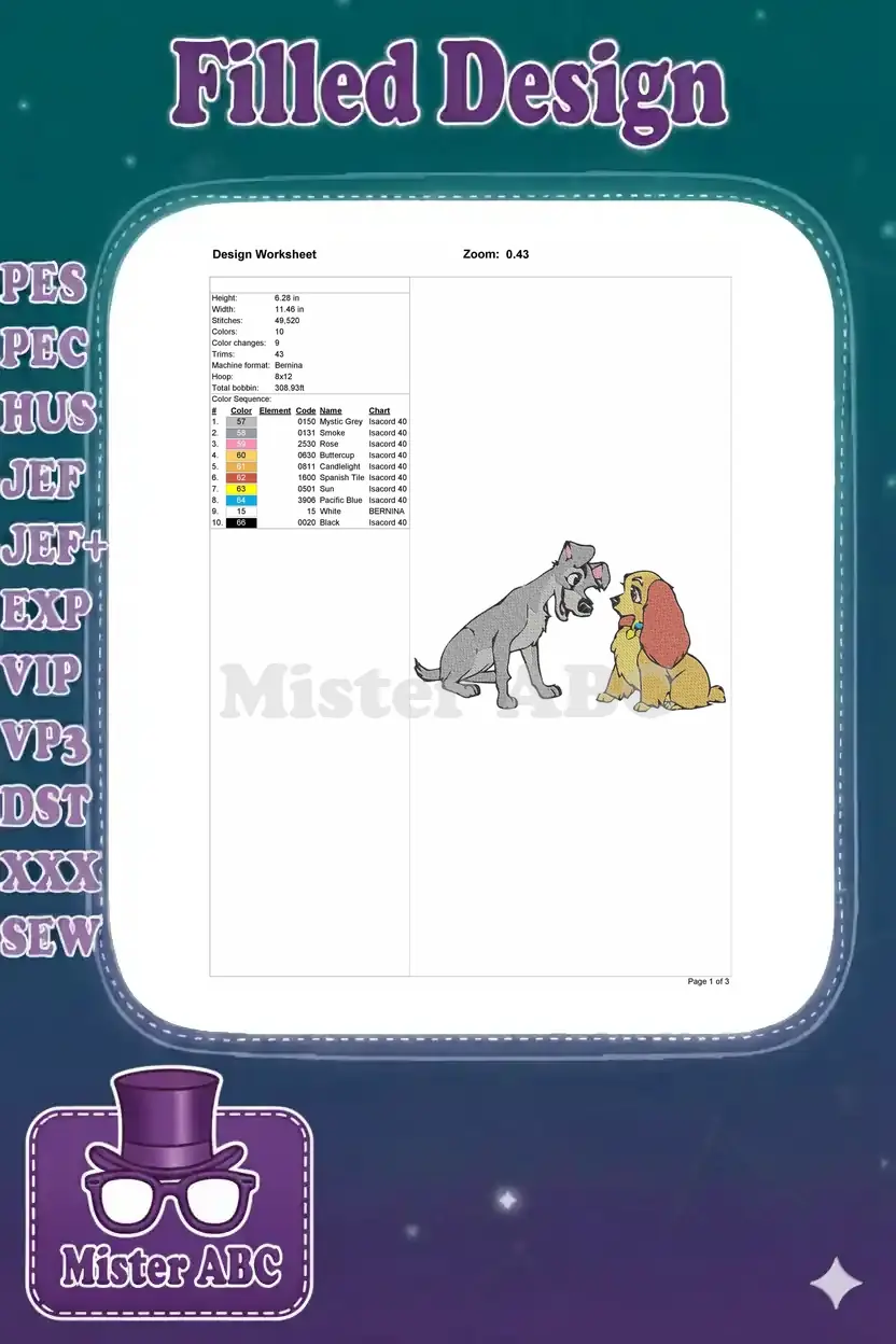 Embroidery design worksheet detailing specifications like dimensions, stitch count, color changes, and thread chart for Lady and Tramp.