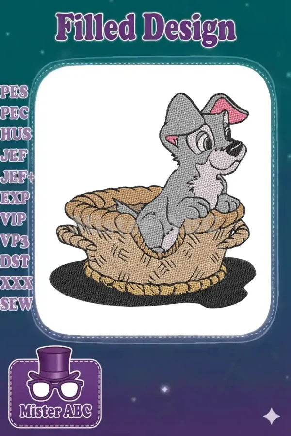 Adorable Scamp puppy embroidery design in a woven basket, featuring detailed fill stitches and bold outlines.