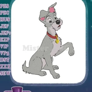 A charming embroidery design of Scamp, the playful gray dog, sitting with one paw raised, wearing a red collar.