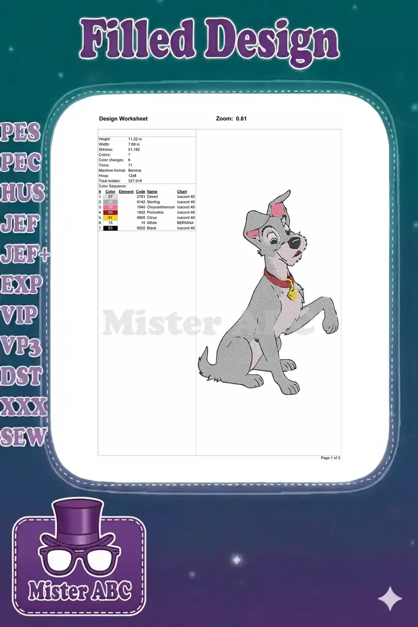 An embroidery design worksheet for Scamp, detailing dimensions, stitch count, color sequence, and machine info.