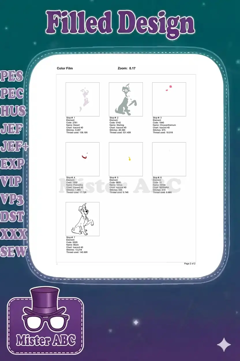 A color film breakdown for the Scamp embroidery design, showing each stitch stop and thread usage.