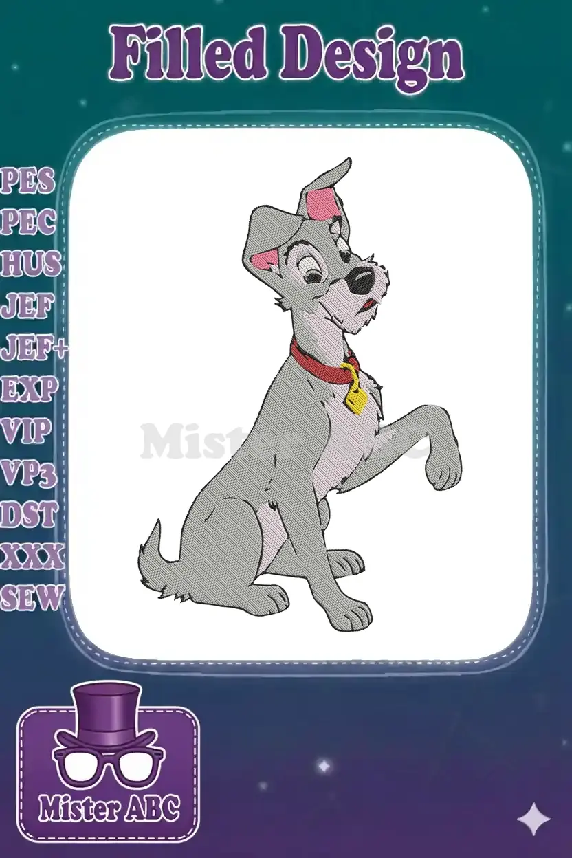 A charming embroidery design of Scamp, the playful gray dog, sitting with one paw raised, wearing a red collar.